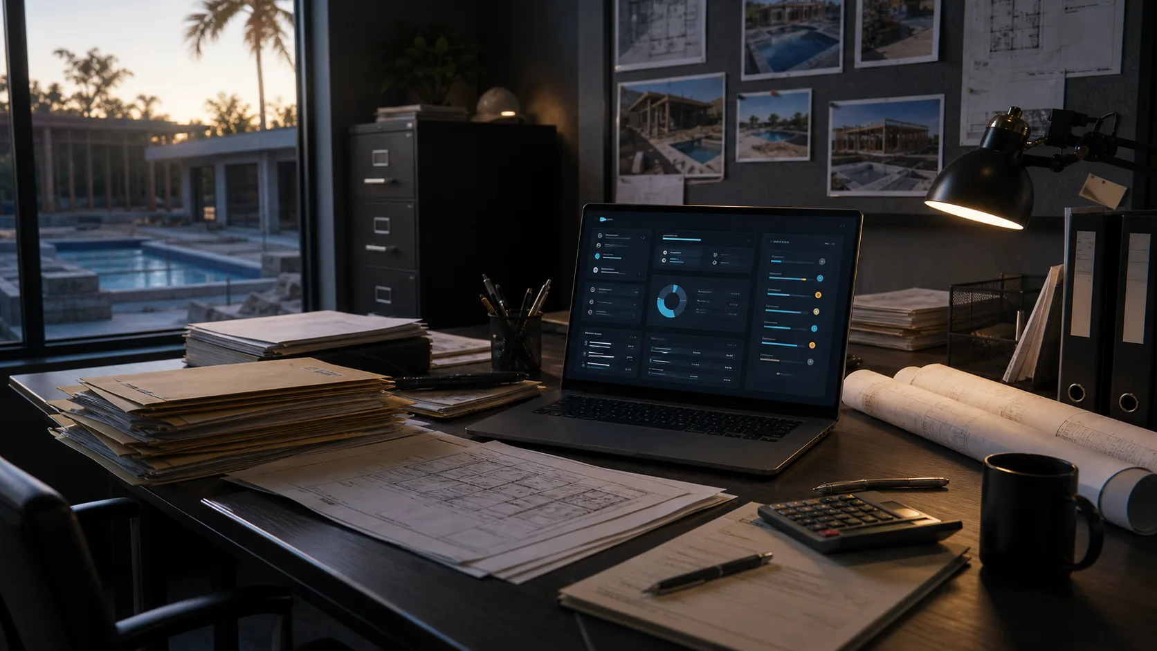 Pool company plans, folders, and an operating dashboard on a back-office desk.