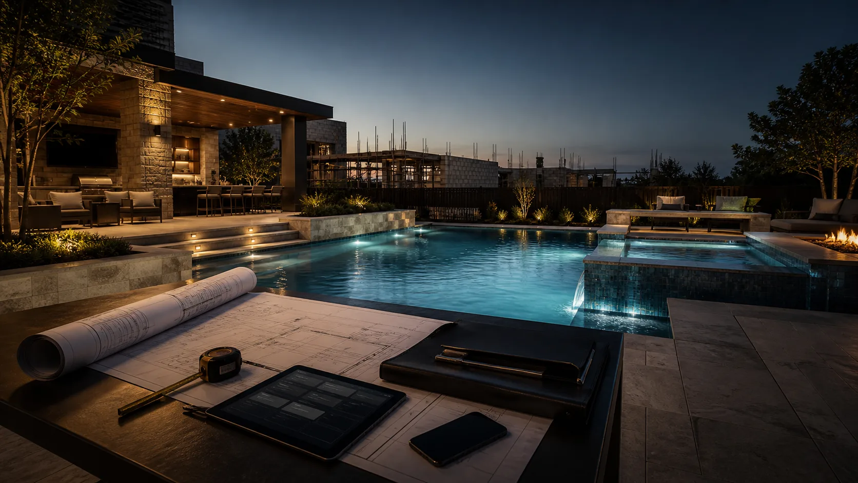 Concept illustration of pool plans beside a pool at dusk.